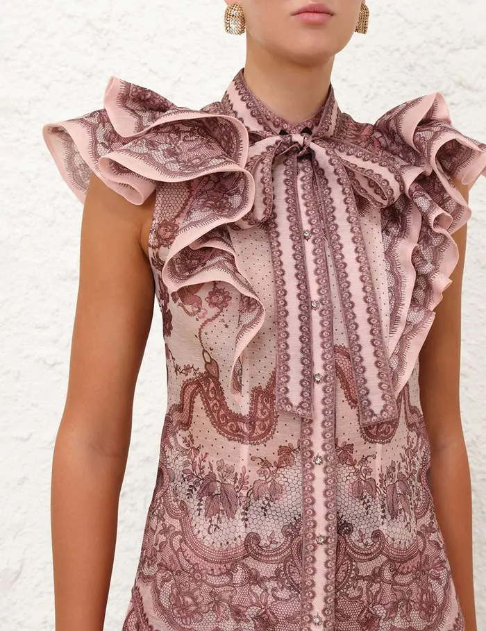 Women Zimmermann Clothing Crush Frilled Fitted Blouse Pink Lace Print