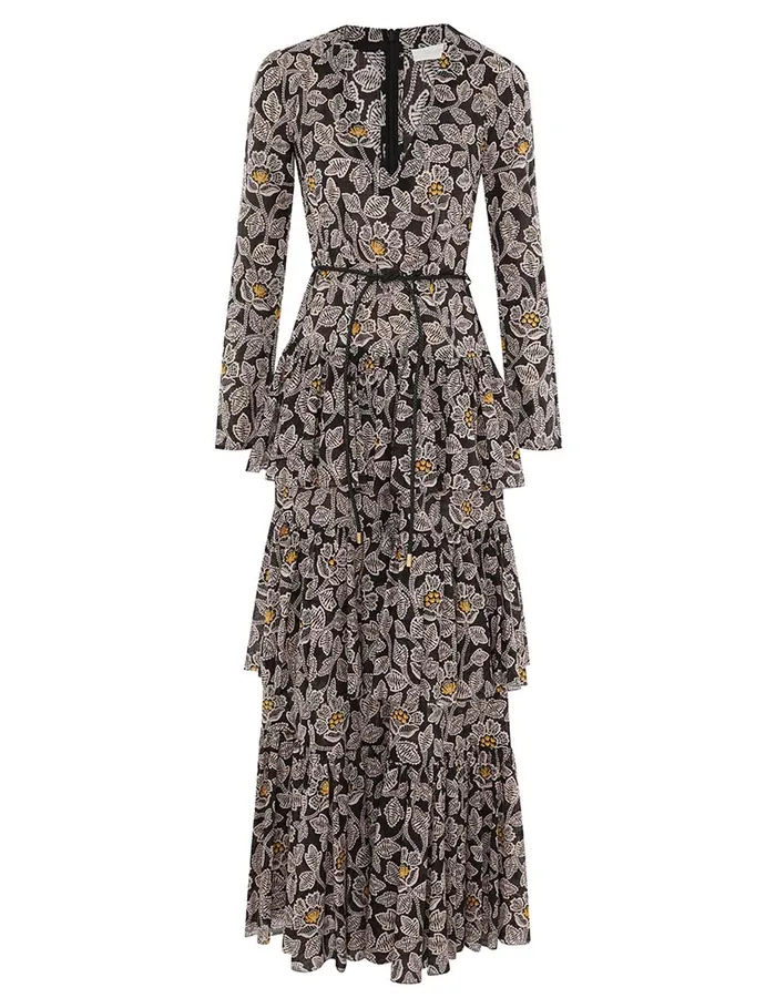 Women Zimmermann Clothing Ottie Tiered Midi Dress Black Floral