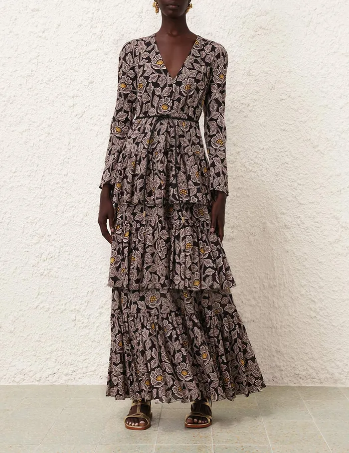 Women Zimmermann Clothing Ottie Tiered Midi Dress Black Floral