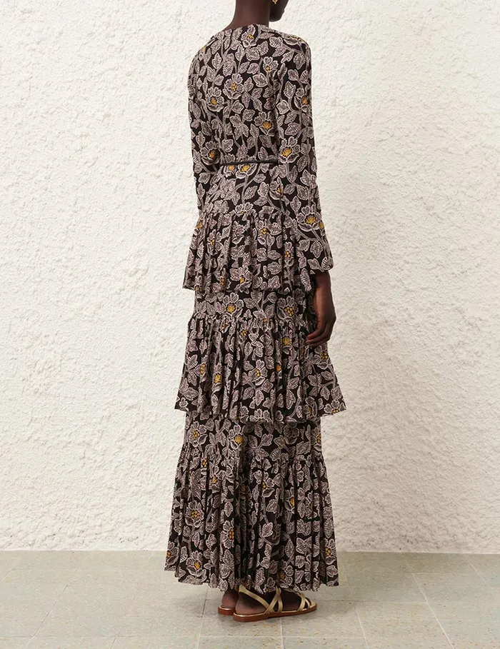 Women Zimmermann Clothing Ottie Tiered Midi Dress Black Floral