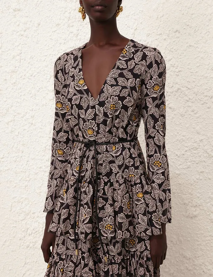 Women Zimmermann Clothing Ottie Tiered Midi Dress Black Floral