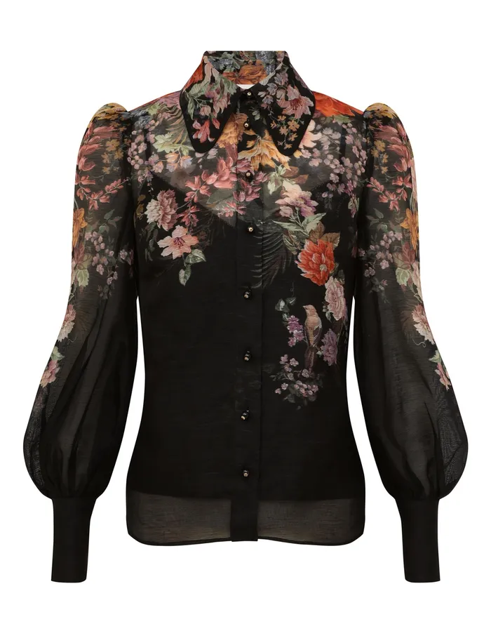 Women Zimmermann Clothing Pavilion Tie Neck Blouse Black Multi Floral