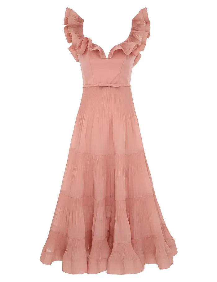 Women Zimmermann Clothing Pleated Frill Midi Dress Lipstick
