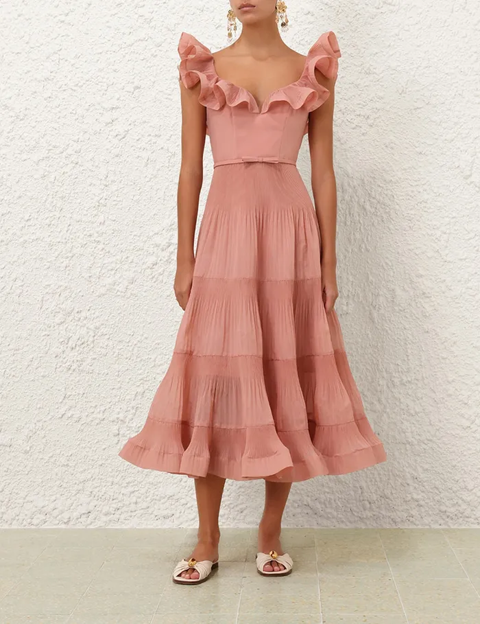 Women Zimmermann Clothing Pleated Frill Midi Dress Lipstick