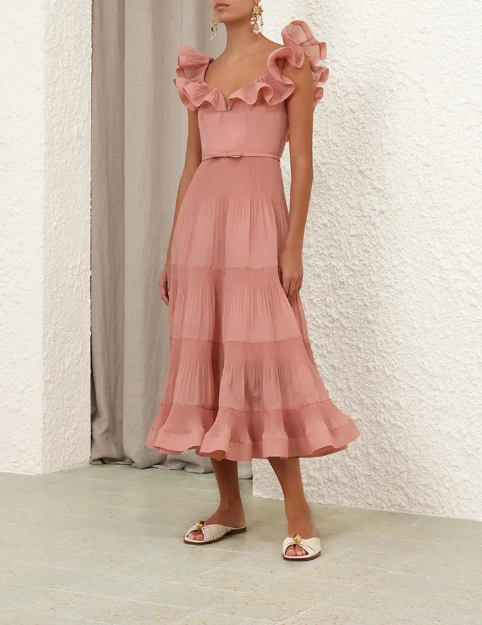 Women Zimmermann Clothing Pleated Frill Midi Dress Lipstick