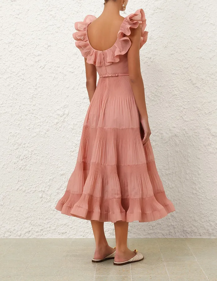 Women Zimmermann Clothing Pleated Frill Midi Dress Lipstick