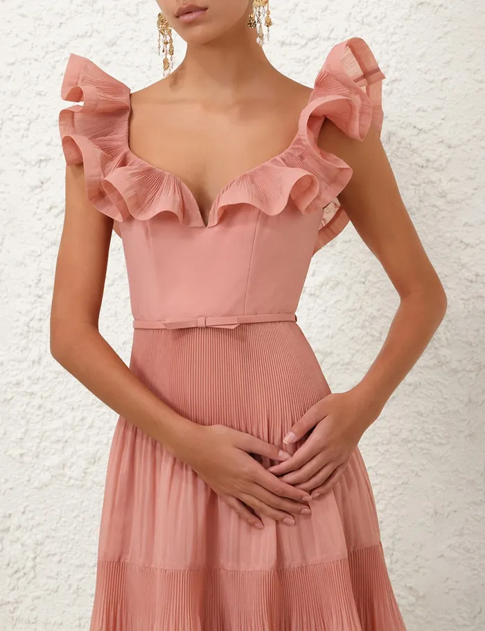 Women Zimmermann Clothing Pleated Frill Midi Dress Lipstick