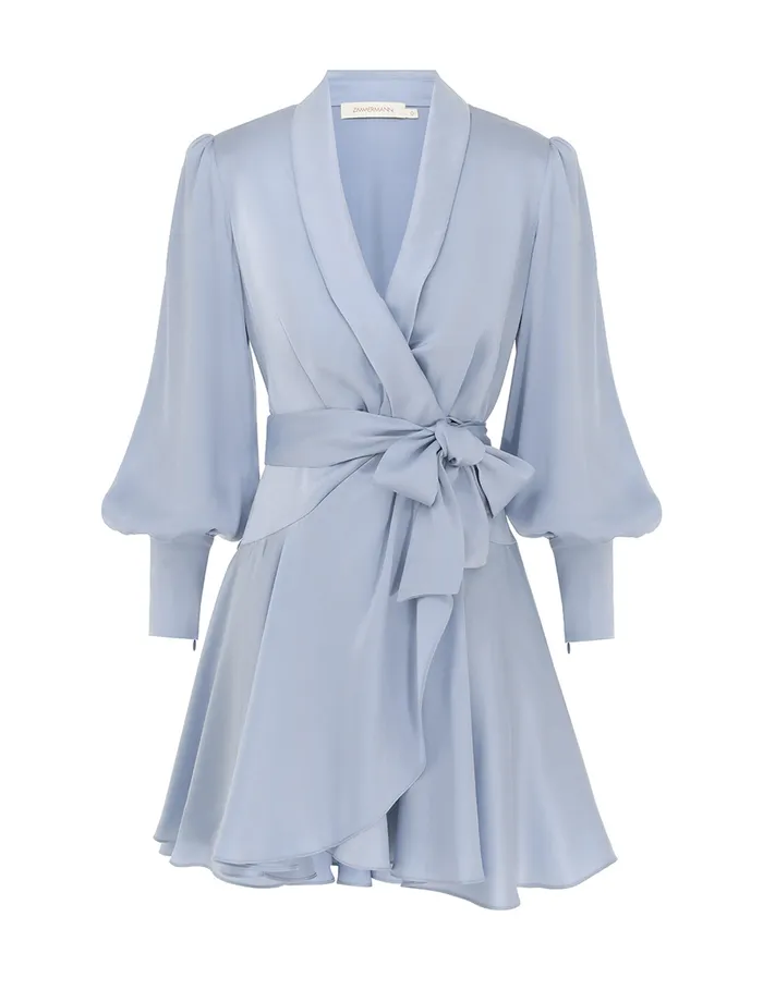 Women Zimmermann Clothing Silk Wrap Mini Dress Pale Blue