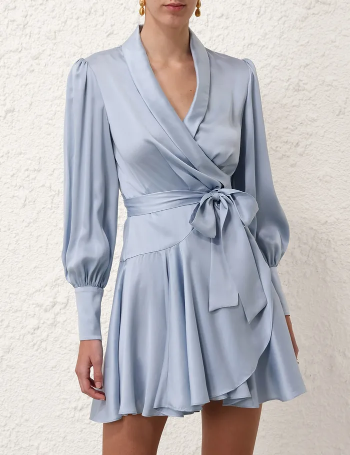 Women Zimmermann Clothing Silk Wrap Mini Dress Pale Blue