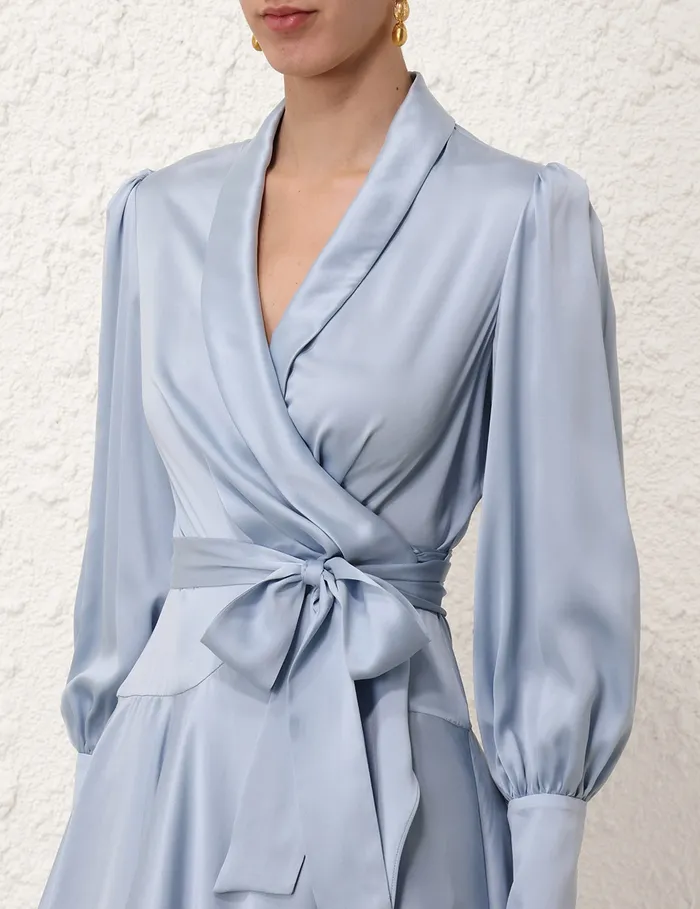 Women Zimmermann Clothing Silk Wrap Mini Dress Pale Blue
