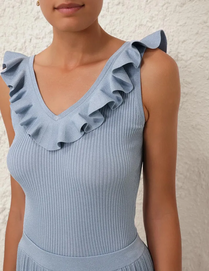 Women Zimmermann Clothing Waverly Frill VNeck Top Blue Lurex