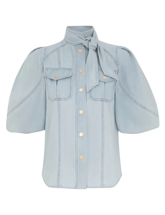 Women Zimmermann Denim Acacia Denim Lantern Blouse Ice Storm
