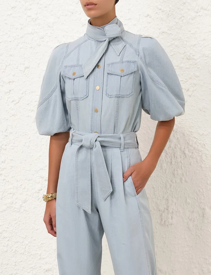 Women Zimmermann Denim Acacia Denim Lantern Blouse Ice Storm