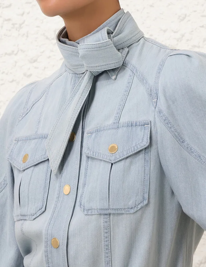 Women Zimmermann Denim Acacia Denim Lantern Blouse Ice Storm