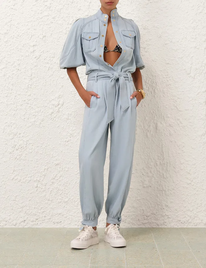 Women Zimmermann Denim Acacia Denim Lantern Blouse Ice Storm