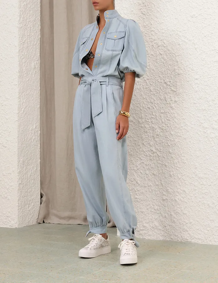 Women Zimmermann Denim Acacia Denim Lantern Blouse Ice Storm