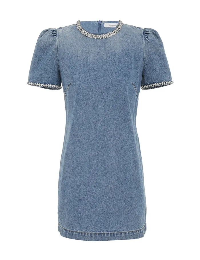 Women Zimmermann Denim Crush Embellished Denim Dress Blue Moon