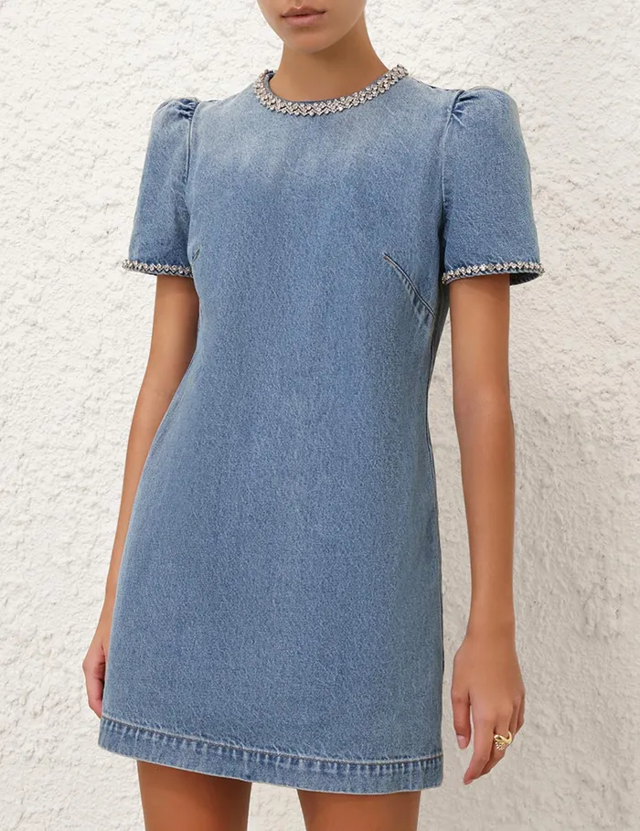 Women Zimmermann Denim Crush Embellished Denim Dress Blue Moon