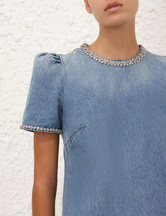 Women Zimmermann Denim Crush Embellished Denim Dress Blue Moon