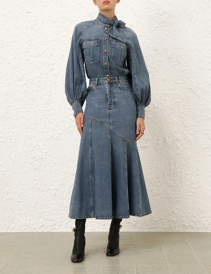 Women Zimmermann Denim Illustration Denim Midi Skirt Neptune