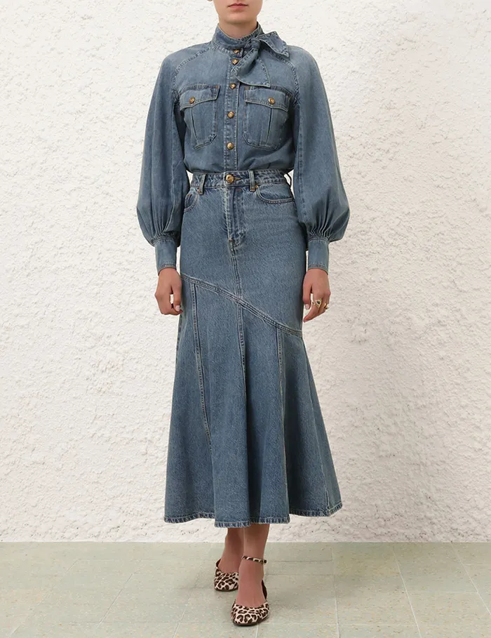 Women Zimmermann Denim Illustration Denim Midi Skirt Neptune