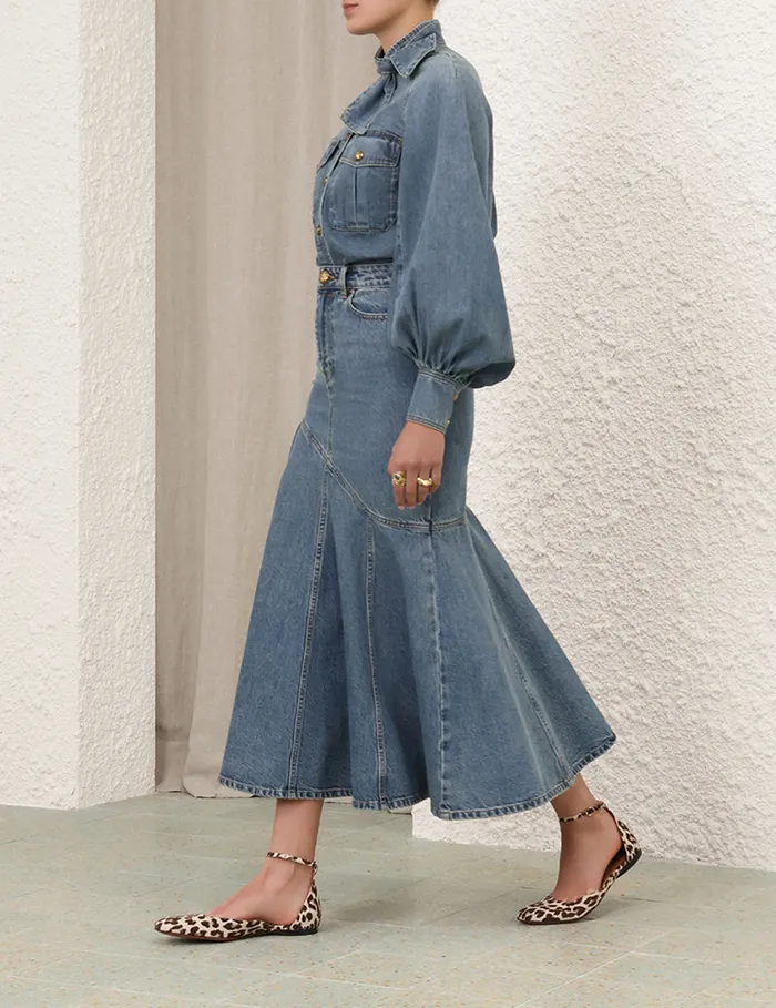 Women Zimmermann Denim Illustration Denim Midi Skirt Neptune