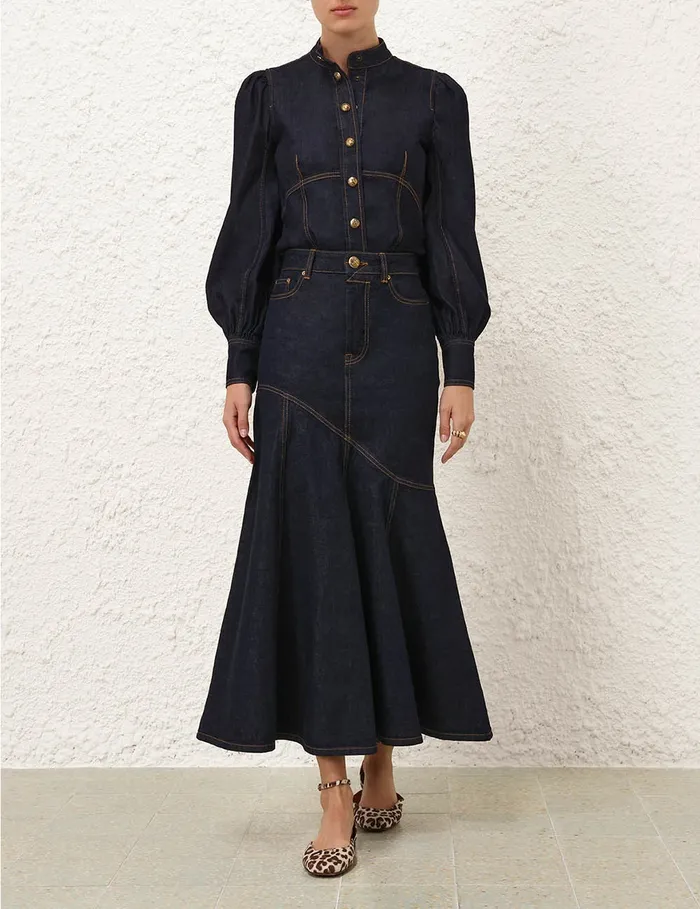 Women Zimmermann Denim Illustration Denim Midi Skirt Night Sky