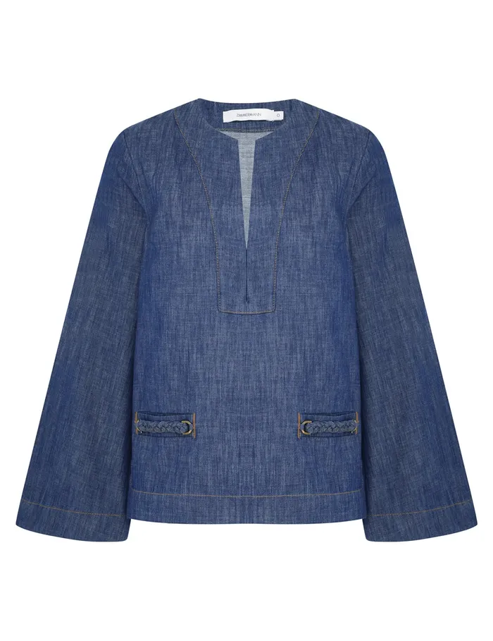 Women Zimmermann Denim Wylie Denim Tunic Top Railway Blue
