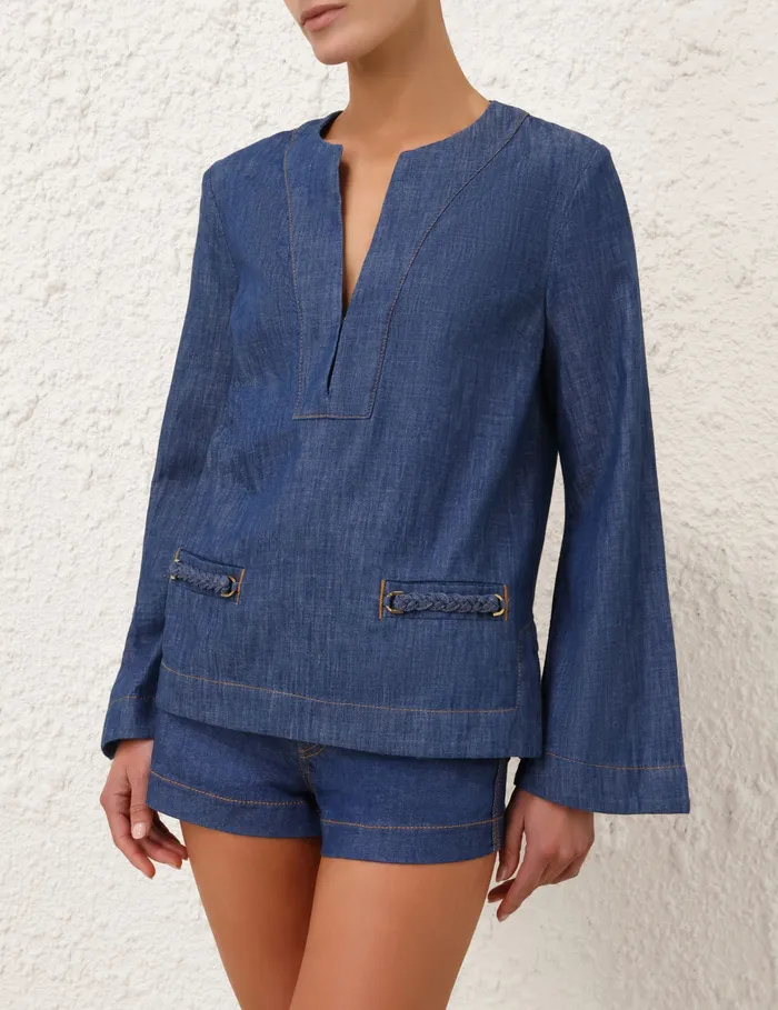 Women Zimmermann Denim Wylie Denim Tunic Top Railway Blue