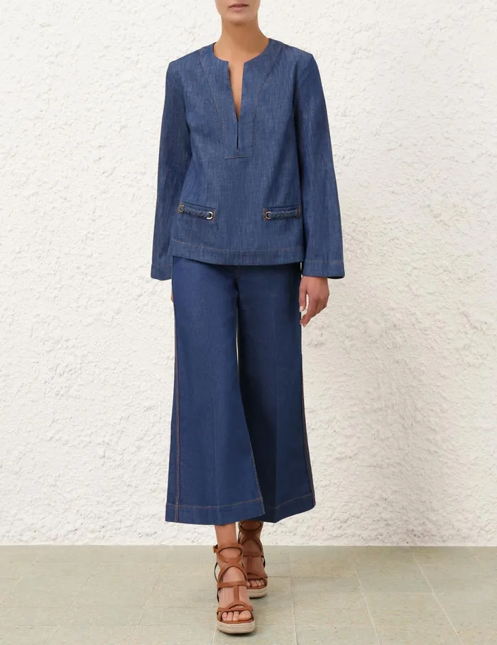 Women Zimmermann Denim Wylie Denim Tunic Top Railway Blue