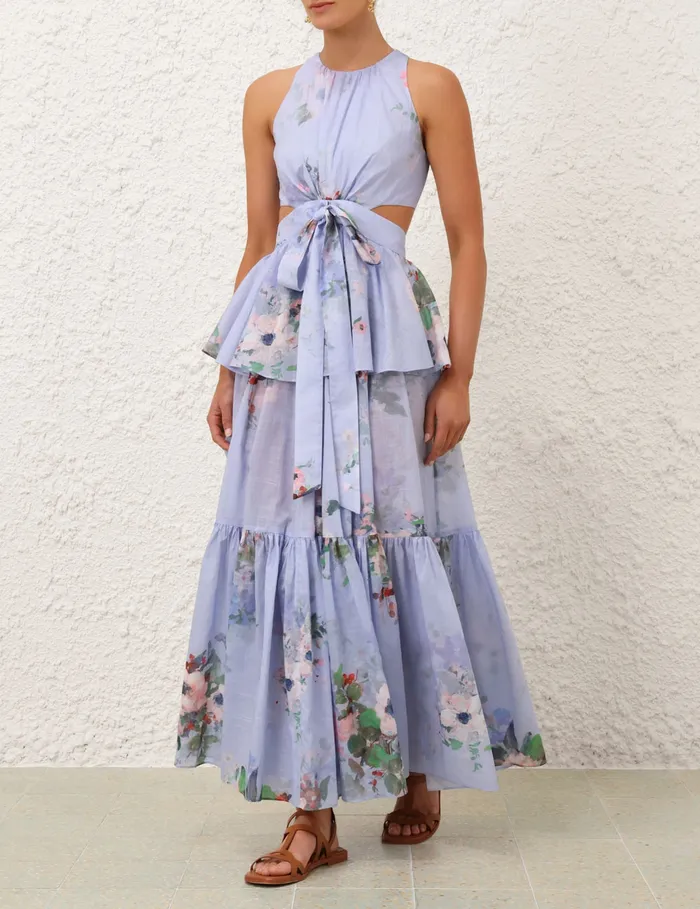 Women Zimmermann Dresses and Coverups Everley Draped Bow Midi Dress Light Blue Watercolour Floral