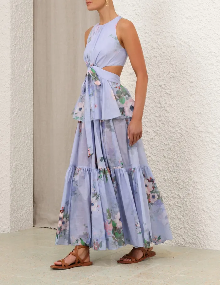 Women Zimmermann Dresses and Coverups Everley Draped Bow Midi Dress Light Blue Watercolour Floral