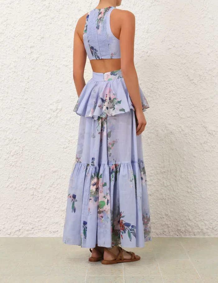 Women Zimmermann Dresses and Coverups Everley Draped Bow Midi Dress Light Blue Watercolour Floral