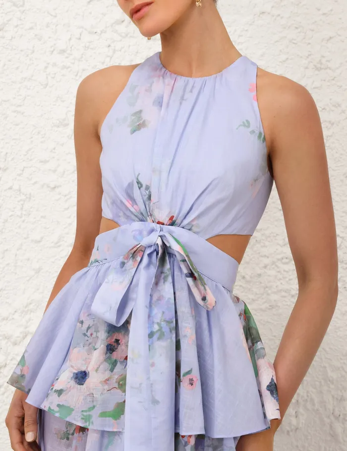 Women Zimmermann Dresses and Coverups Everley Draped Bow Midi Dress Light Blue Watercolour Floral