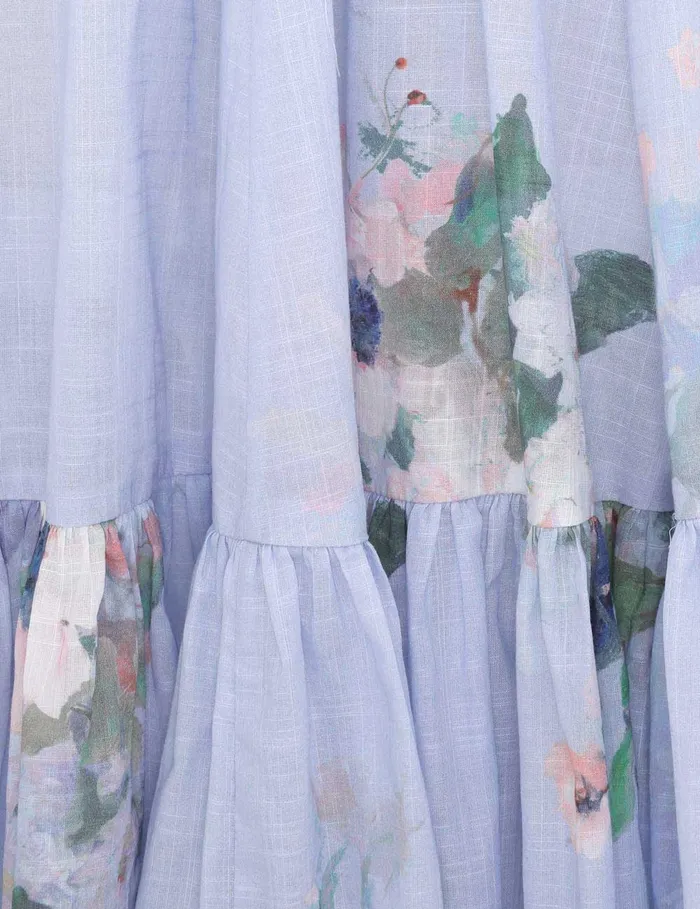 Women Zimmermann Dresses and Coverups Everley Draped Bow Midi Dress Light Blue Watercolour Floral