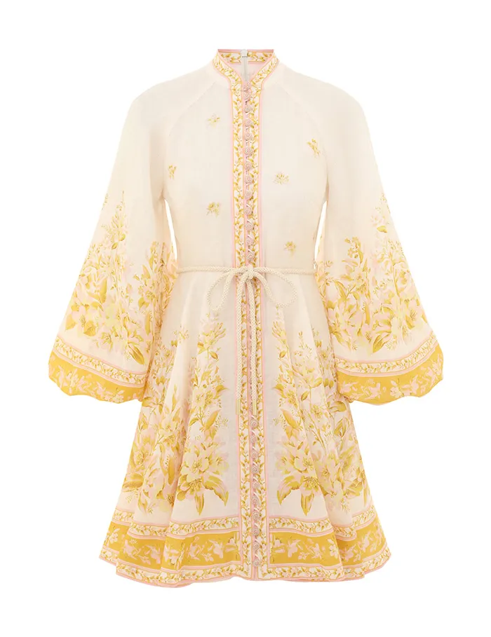 Women Zimmermann Dresses and Coverups Golden Buttoned Mini Dress Pinkgold Floral