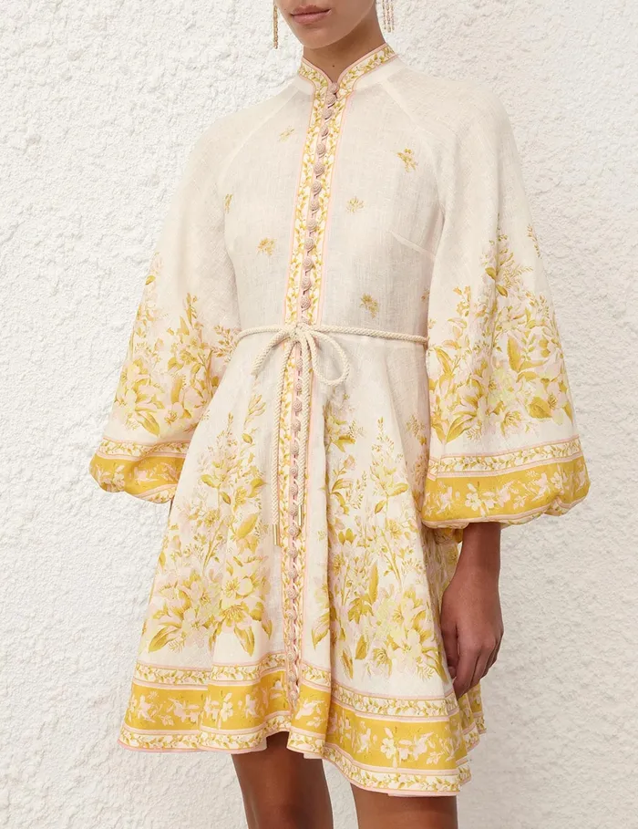 Women Zimmermann Dresses and Coverups Golden Buttoned Mini Dress Pinkgold Floral