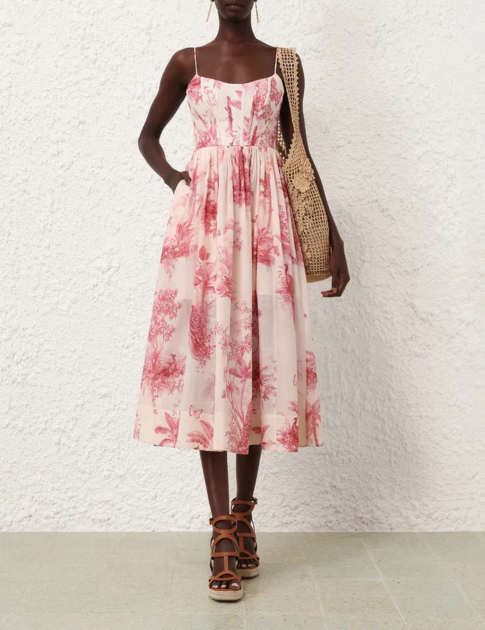 Women Zimmermann Dresses and Coverups Waverly Corset Midi Dress Pink Palm