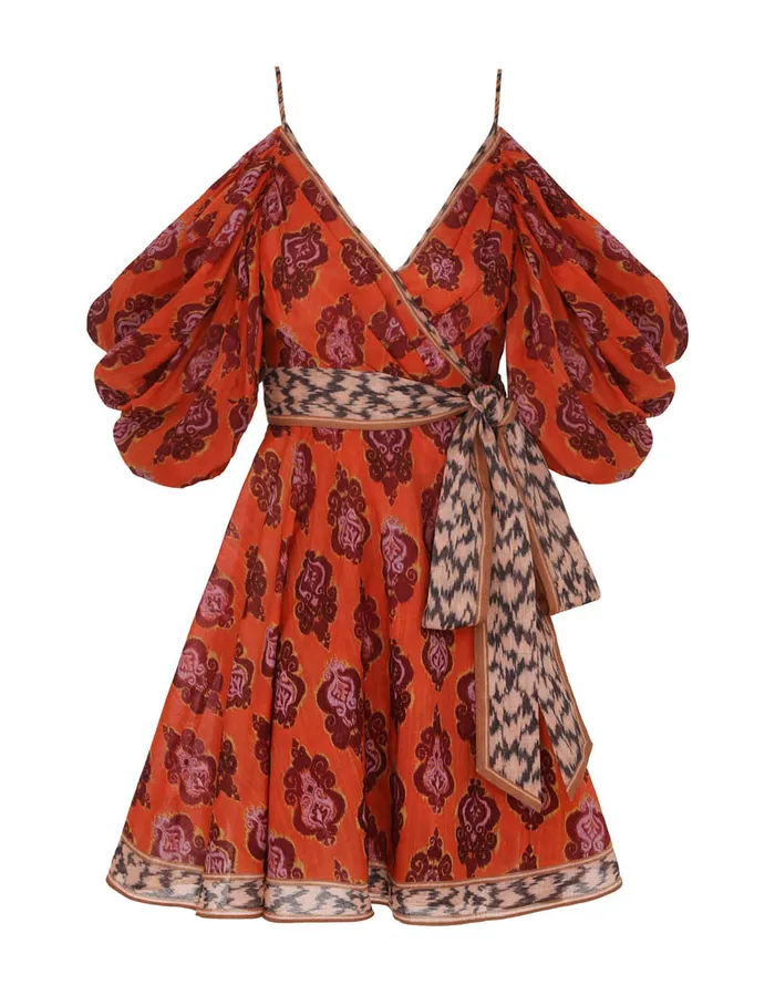 Women Zimmermann Dresses and Coverups Wylie Wrap Mini Dress Sunset Ikat