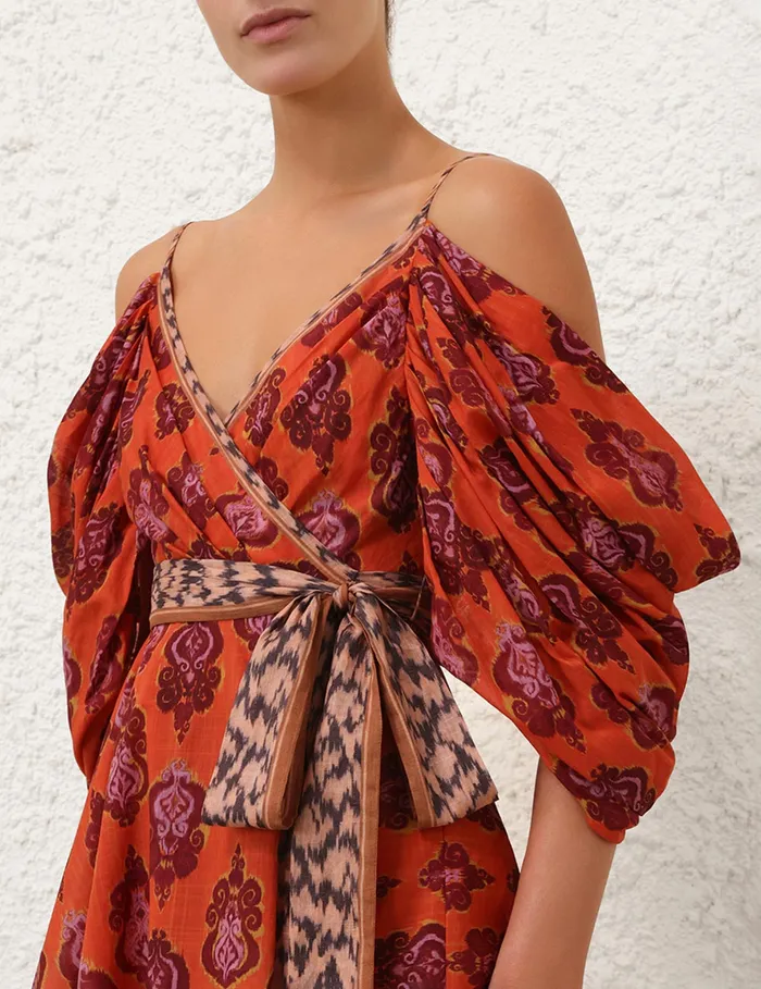 Women Zimmermann Dresses and Coverups Wylie Wrap Mini Dress Sunset Ikat