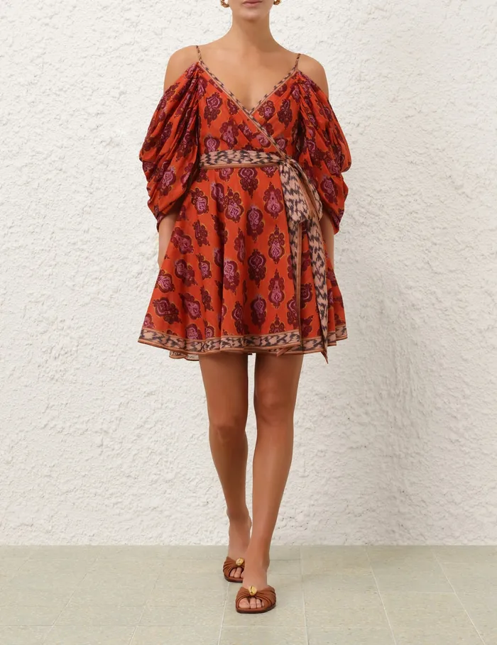 Women Zimmermann Dresses and Coverups Wylie Wrap Mini Dress Sunset Ikat