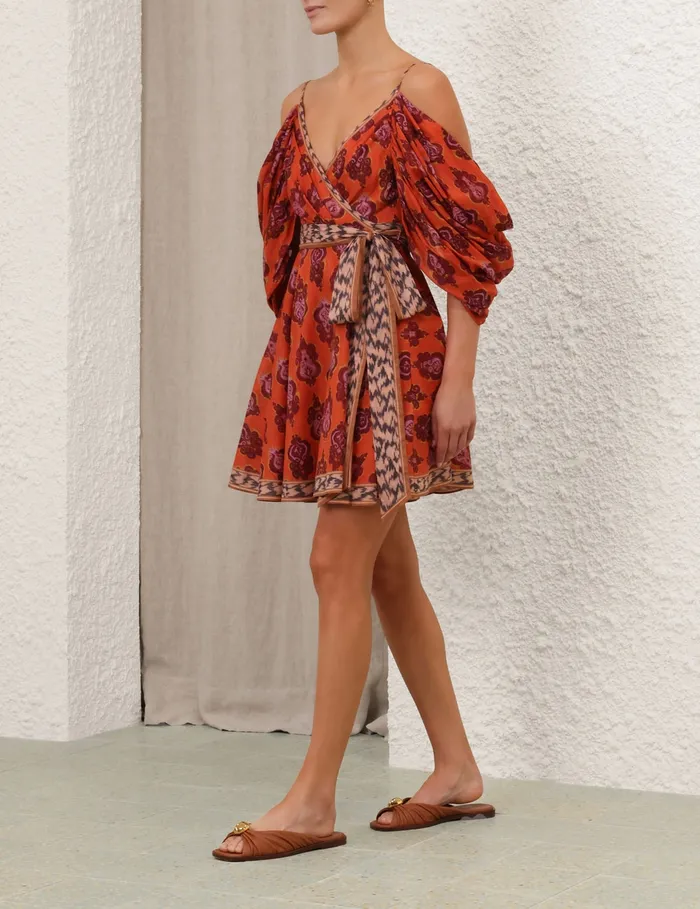 Women Zimmermann Dresses and Coverups Wylie Wrap Mini Dress Sunset Ikat
