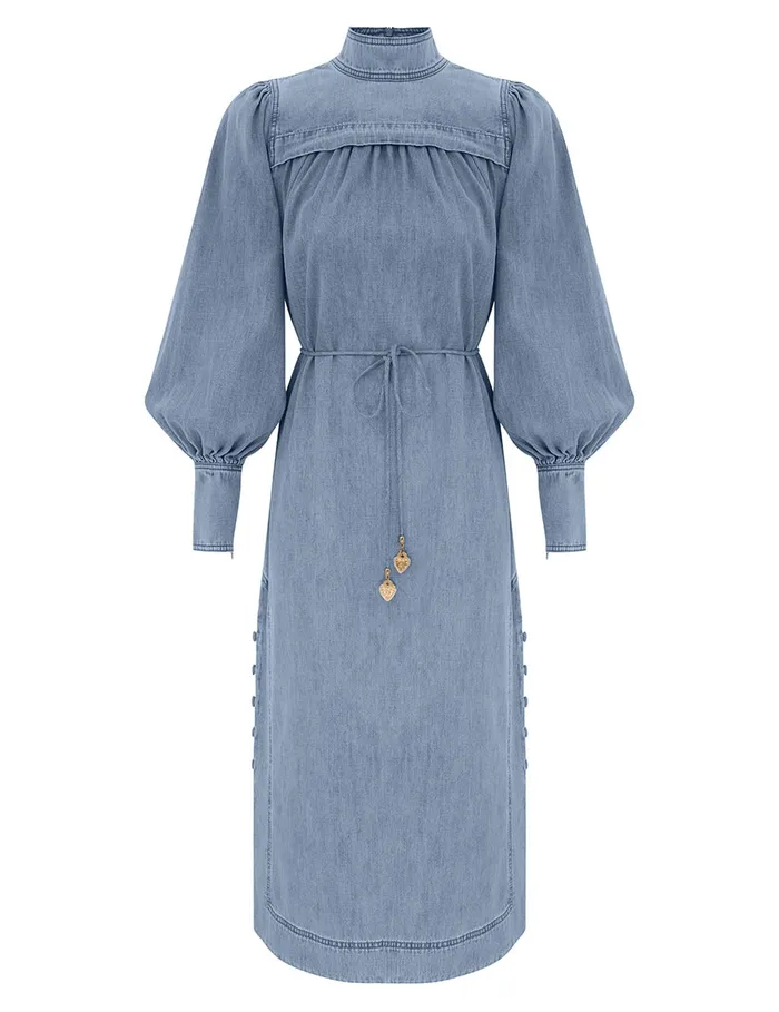 Women Zimmermann Dresses Crush Denim Midi Dress Blue Moon