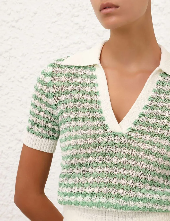Women Zimmermann Knitwear Everley Scallop Knit Polo Tee Greencream
