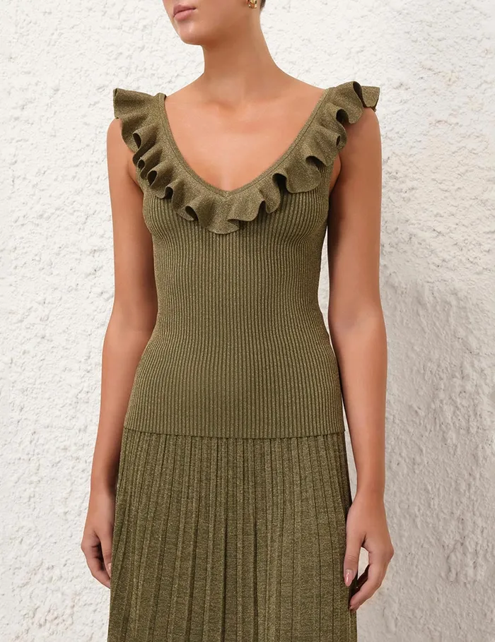 Women Zimmermann Knitwear Wylie Frill VNeck Top Dusty Olivegold