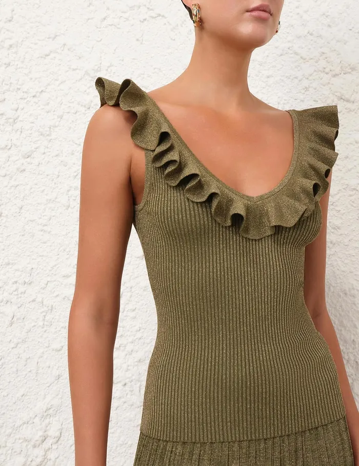 Women Zimmermann Knitwear Wylie Frill VNeck Top Dusty Olivegold