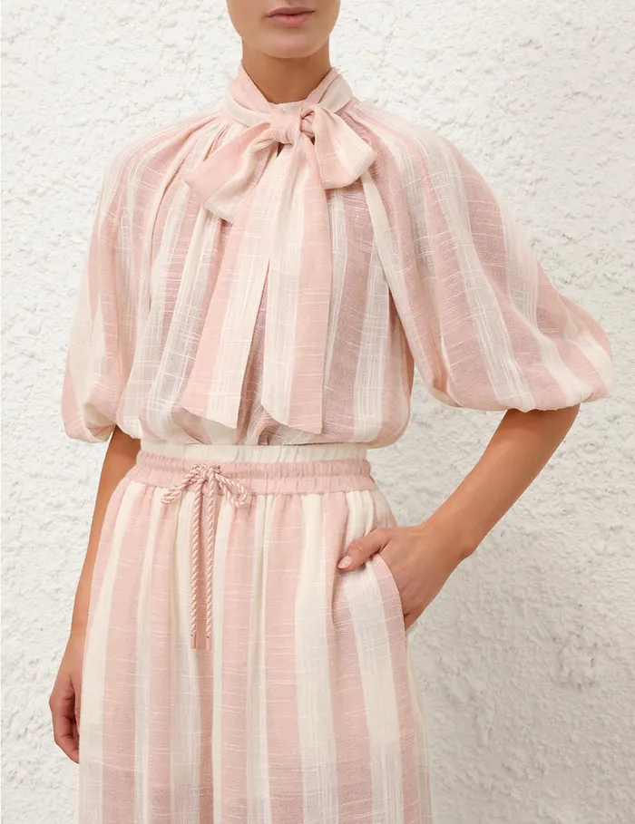 Women Zimmermann Tops Acacia Blouson Shirt Pinkcream Stripe
