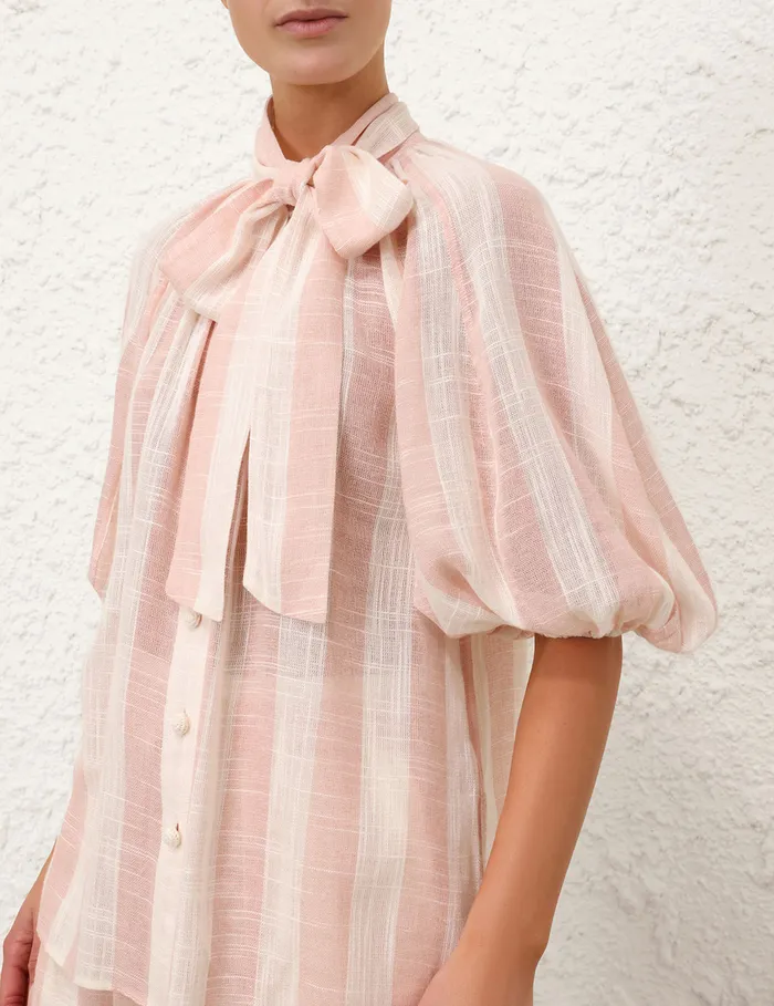 Women Zimmermann Tops Acacia Blouson Shirt Pinkcream Stripe