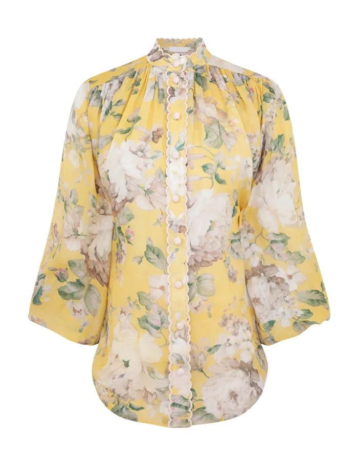 Women Zimmermann Tops Acacia Scallop Blouse Yellow Floral