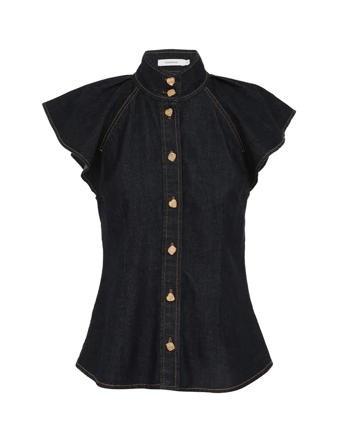 Women Zimmermann Tops Crush Flutter Sleeve Shirt Night Sky